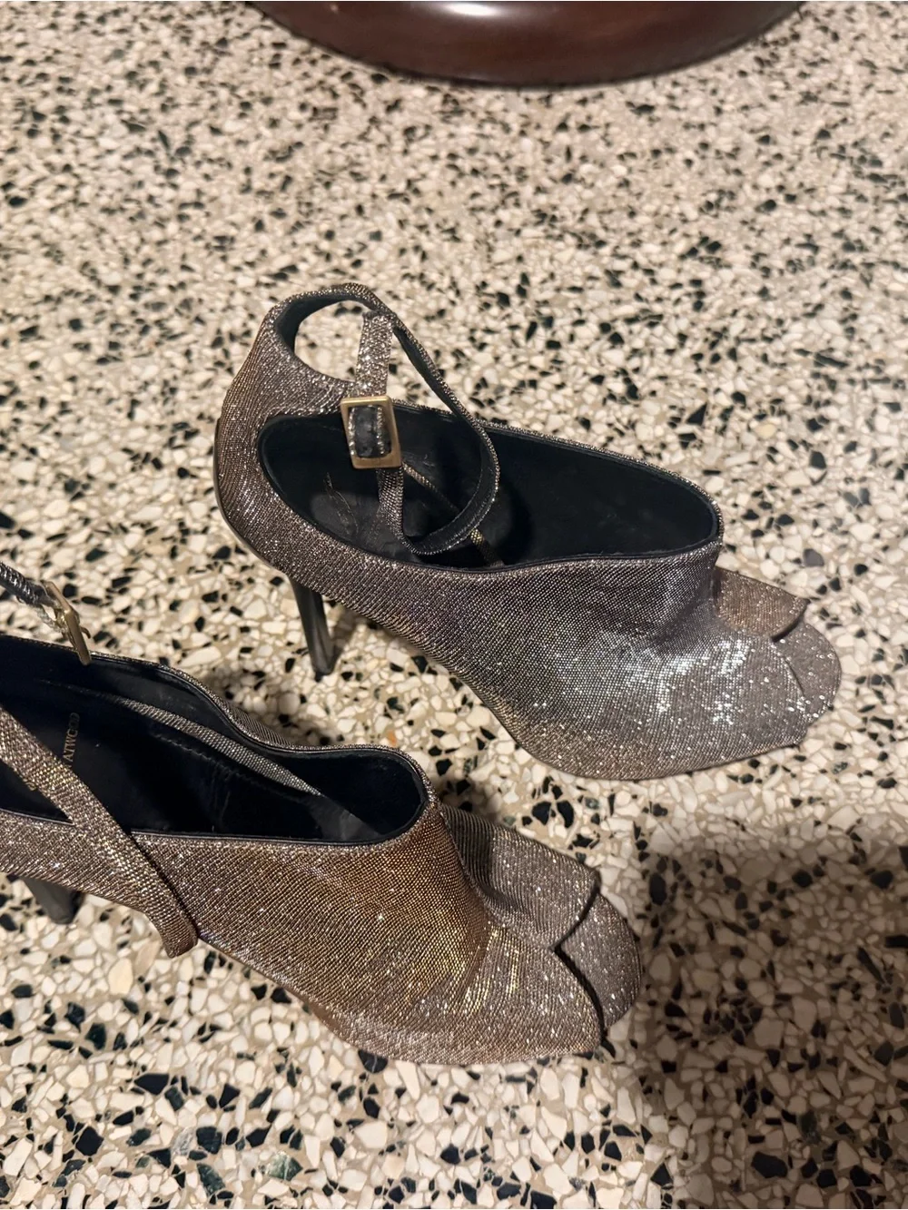 Brian Atwood Metallic Black and Gold Peep-Toe Slingback Heels